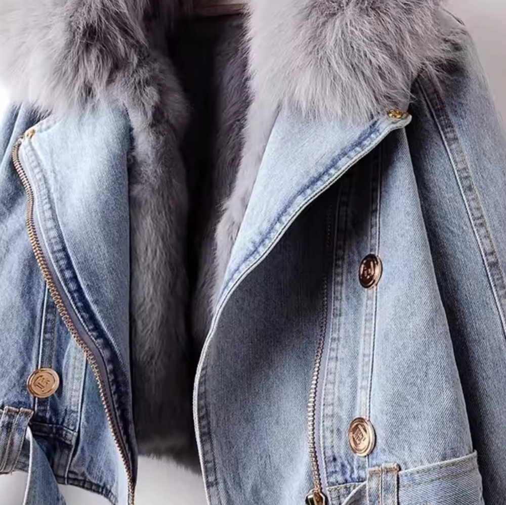 Denim Jacket With Faux Fur Warm Fur Collar Lined Denim Jacket Thicken - Picture 3 of 5
